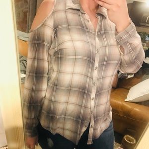 Cold shoulder plaid top
